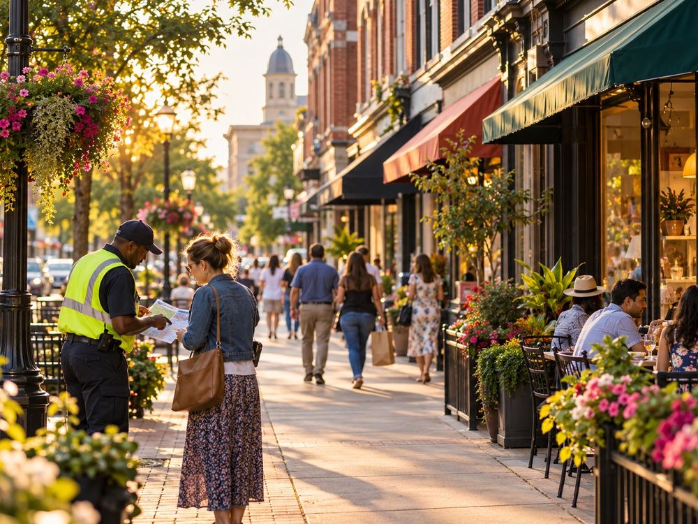 A downtown ambassador helping a visitor on a busy main street lined with shops and cafés.