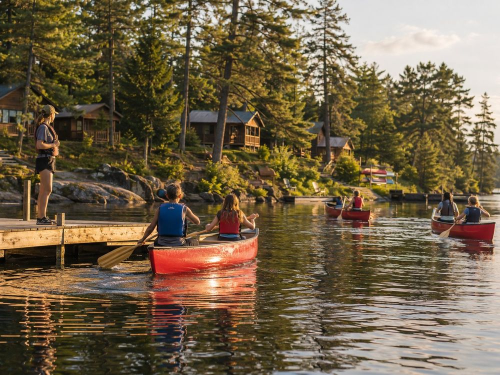 Campers paddling canoes near a dock at a lakeside summer camp, with a counselor watching.