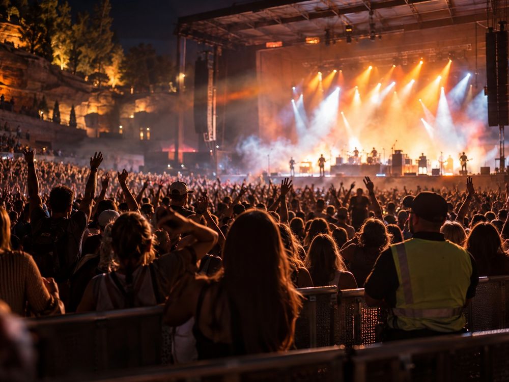 A crowd at an outdoor night concert facing a lit stage, with a security staffer at the barricade.