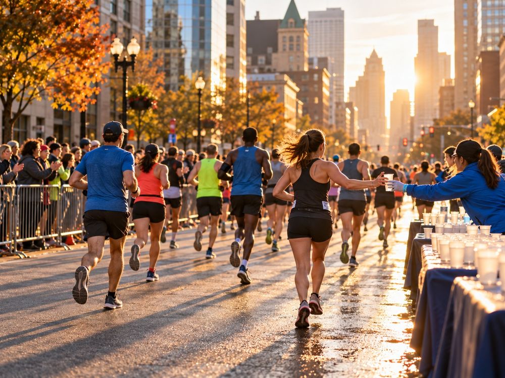 Half-marathon runners passing a volunteer water station on a downtown street at sunrise.