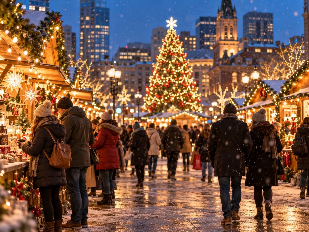 Shoppers at an outdoor holiday market at dusk, with lit stalls and a large decorated tree.