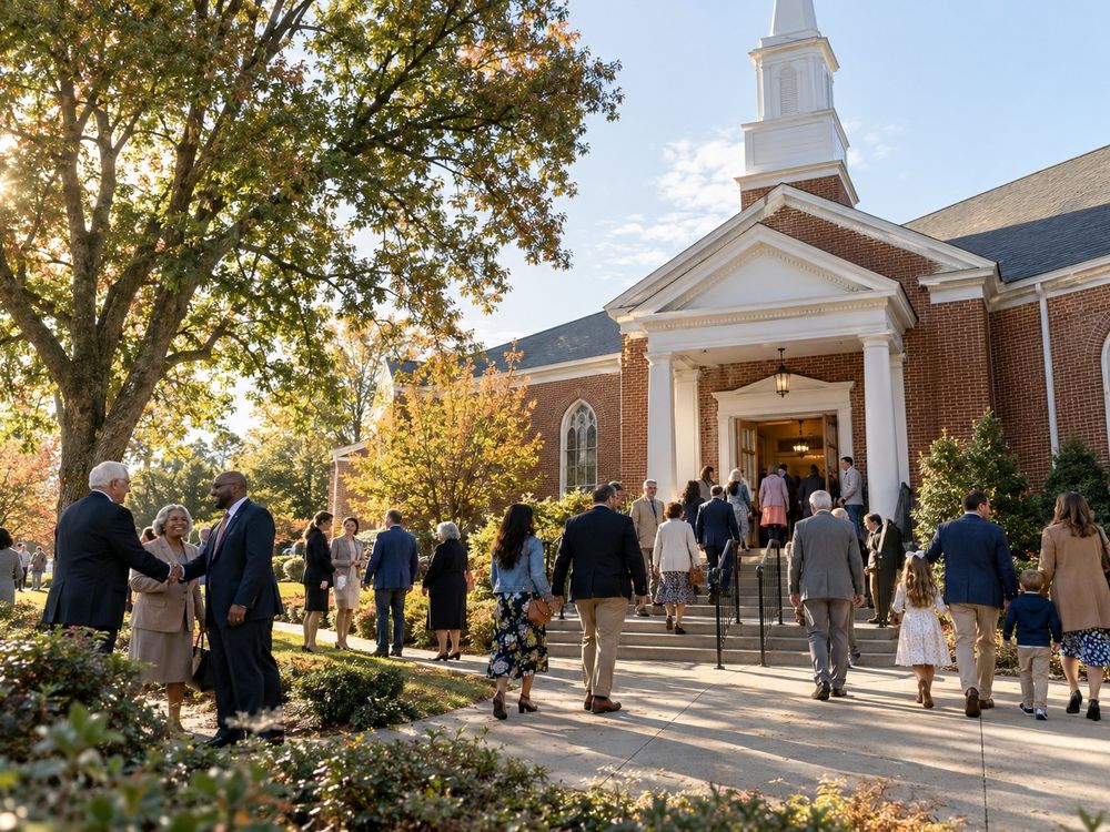 A congregation arriving and greeting each other outside a brick church on a sunny morning.