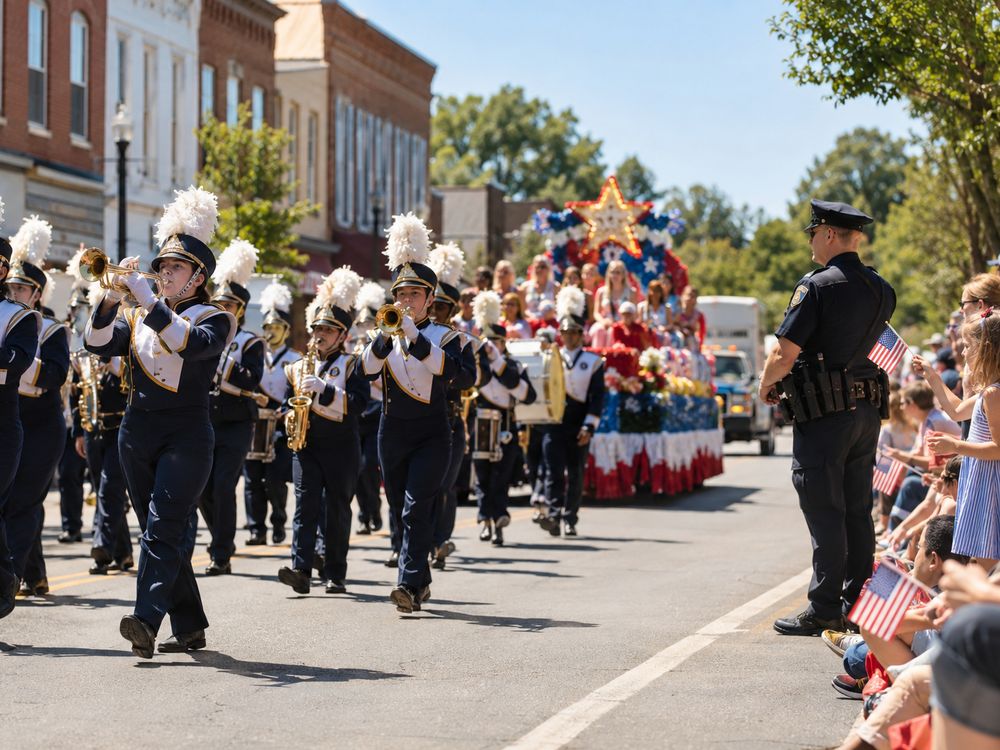 A high-school marching band and a float in a hometown parade, with families waving flags and a police officer at the curb.