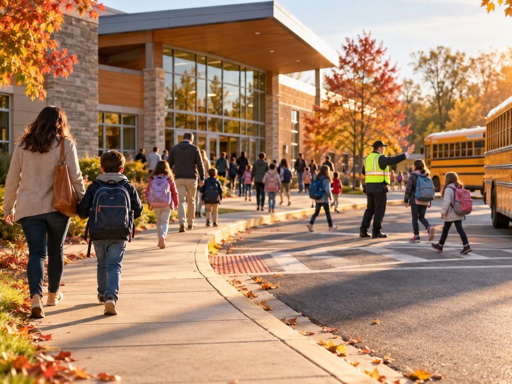 Families and students walking to an elementary school on an autumn morning, with a crossing guard and school buses.