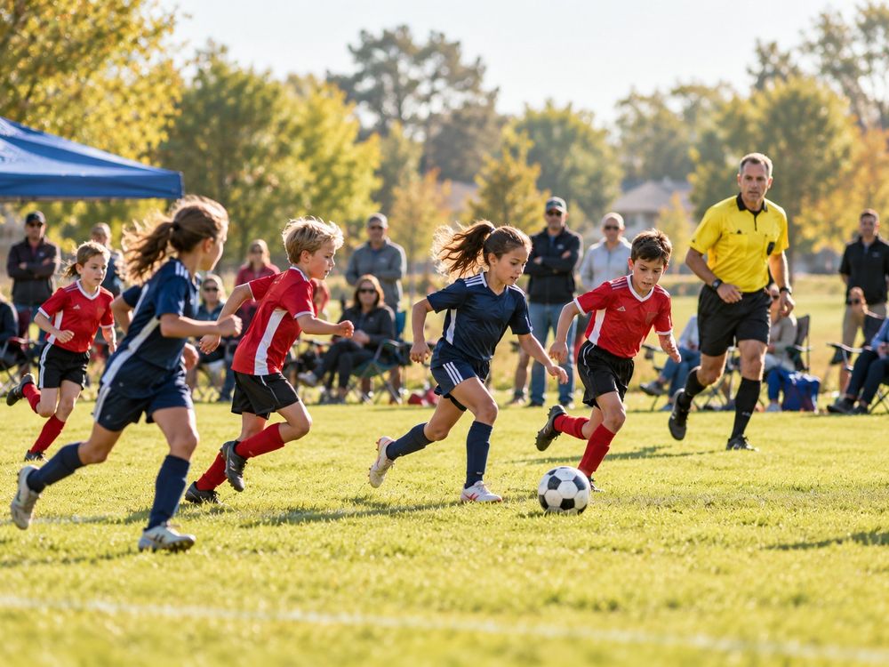 Children playing a youth soccer match while parents watch from the sideline.