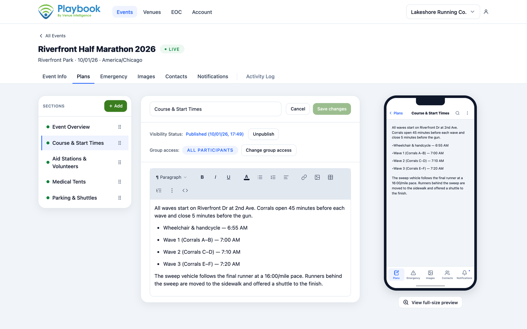 The Playbook admin console's plan editor with the Course & Start Times section open beside a live phone preview.