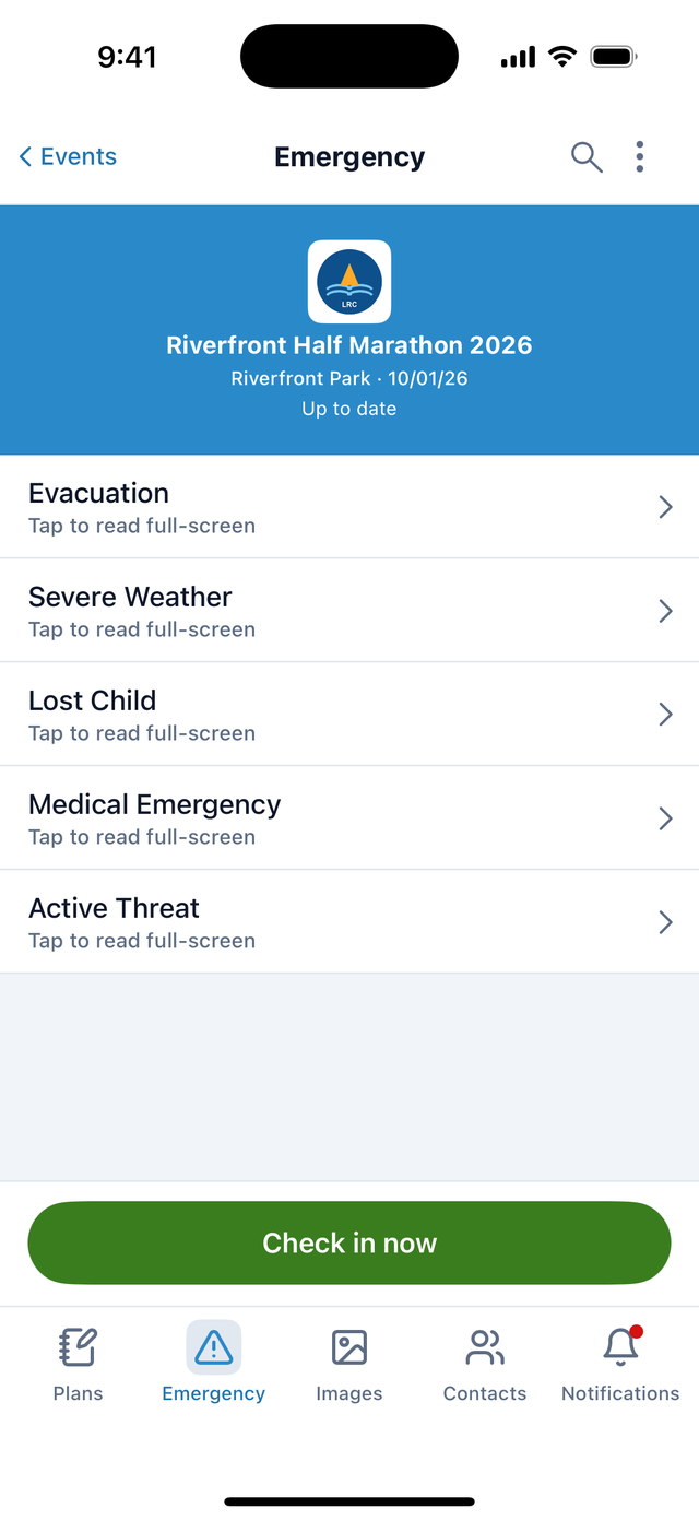 The Playbook iPhone app's Emergency tab listing Evacuation, Severe Weather, Lost Child, Medical Emergency and Active Threat.