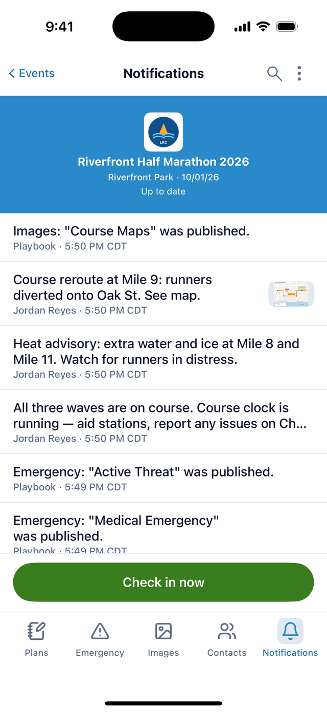 The Playbook iPhone app's Notifications tab showing a course reroute broadcast with a map photo and a heat advisory.