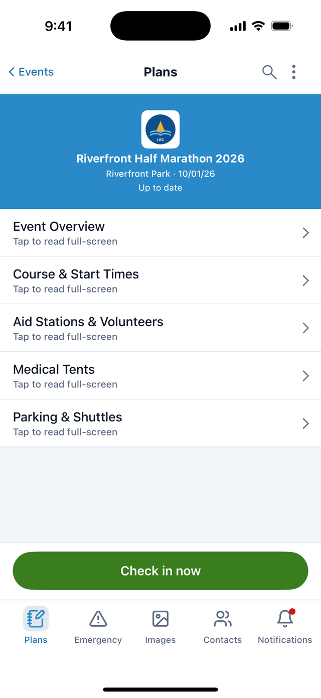 The Playbook iPhone app showing the Riverfront Half Marathon 2026 event open on its Plans tab, with five plan sections.